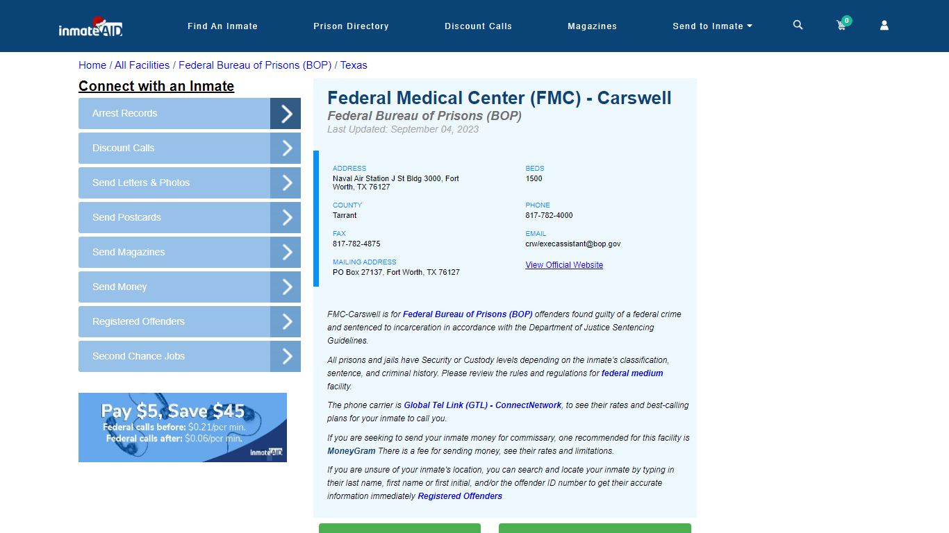 Federal Medical Center (FMC) - Carswell - Federal Inmate Locator - TX