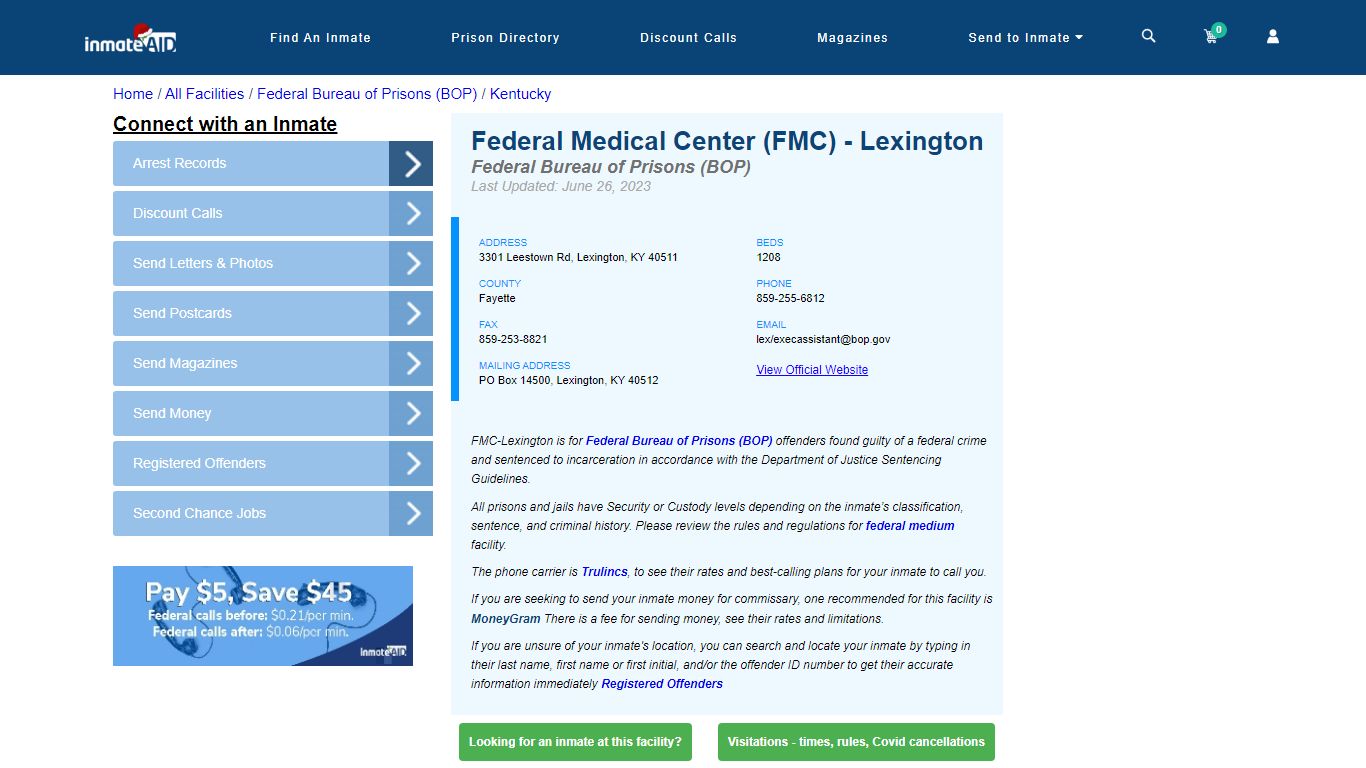 Federal Medical Center (FMC) - Lexington - Federal Inmate Locator - KY